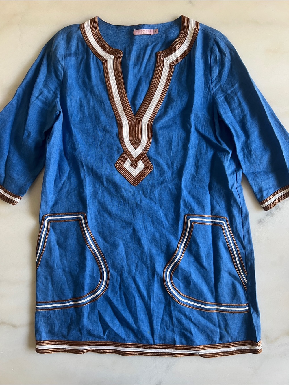 Calypso St. Barth Blue Tunic with Brown and White Trim